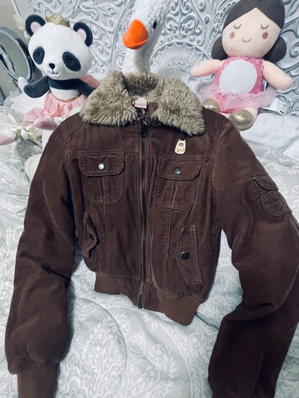 Papaya Girls Small Chocolate Brown Corduroy Puffer Jacket with Faux Fur Collar